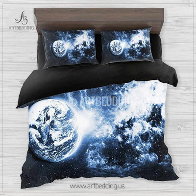 Galaxy bedding set, Blue planet in deep space duvet cover set, Blue nebula clouds Bedding set, Cosmos bedroom decor Bedding set