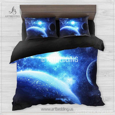 Galaxy bedding set, Blue planets in deep space duvet cover set, Stars nebula Bedding set, Cosmos bedroom decor Bedding set
