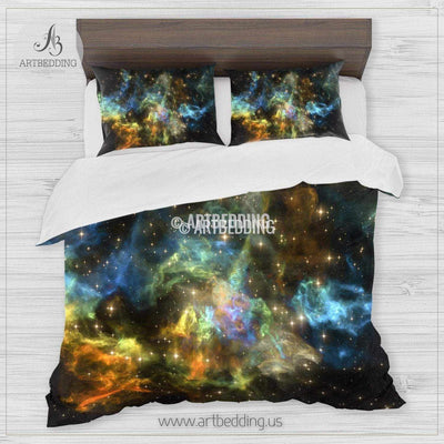 Galaxy bedding set, Colorful nebula clouds duvet bedding set, Space moon bedroom decor Bedding set