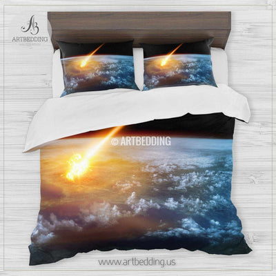 Galaxy bedding set, Fantasy comet hitting Earth duvet cover set, Cosmos bedroom decor Bedding set