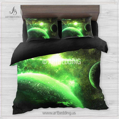 Galaxy bedding set, Green planets in deep space duvet cover set, Stars nebula Bedding set, Cosmos bedroom decor Bedding set