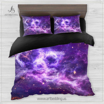 Galaxy bedding set, space duvet cover set, Stars purple nebula Bedding set, Cosmos bedroom decor Bedding set