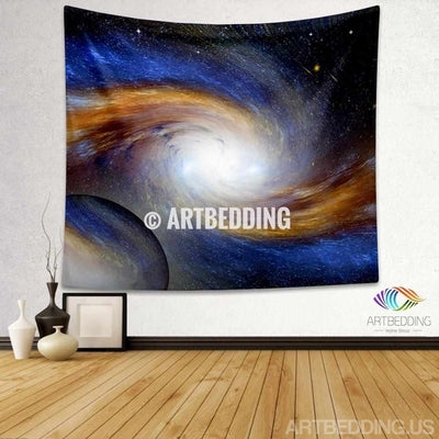Galaxy Tapestry, Blue and gold Spiral galaxy with stars wall tapestry, Galaxy tapestry wall hanging, Blue and gold Spiral galaxy wall tapestries, Galaxy home decor, Space wall art print, stars wall hanging
