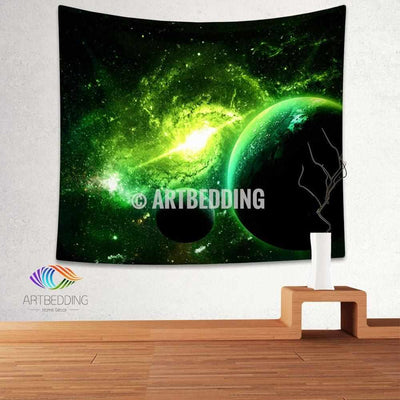 Galaxy Tapestry, Fantasy space wall tapestry, Green Nebula tapestry wall hanging, Galaxy home decor, Space wall art print