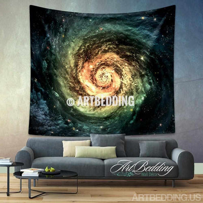 Galaxy Tapestry, Green spiral galaxy wall tapestry, Galaxy tapestry wall hanging, Spiral galaxy wall tapestries, Galaxy home decor, Space wall art print