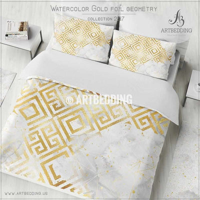 Gold foil geometry watercolor Duvet cover, Delicate white watercolor texture with gold foil splashes and geometry pattern duvet cover, artbedding duvet cover