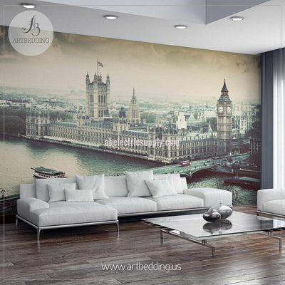Iconic Big Ben, the Palace of Westminster in Vintage, Retro Style Cityscape Wall Mural, England Photo sticker, England wall decor wall mural