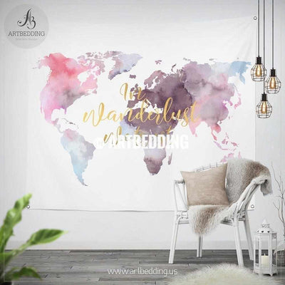 In Wanderlust we trust world map wall Tapestry, Boho watercolor world map wall hanging, bohemian wall tapestries, boho wall decor Tapestry