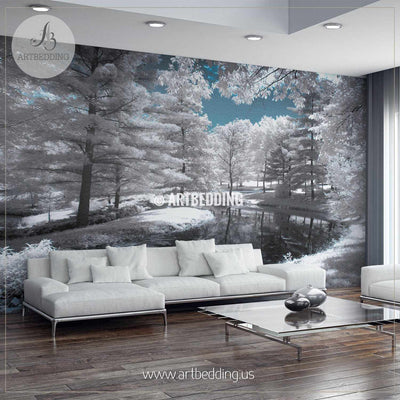 Infrared Landscape with Beautiful White trees and Water Wall Mural, Self Adhesive Peel & Stick wall mural wall mural