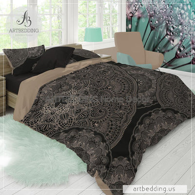Copy of Boho mandala bedding, Black and taupe Mandala bedding, Brown and black mandala comforter set, bohemian bedroom decor-ARTBEDDING