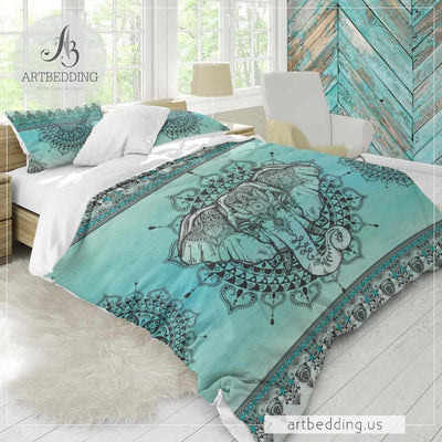 Elephant bedding, Boho unicorn colors elephant mandala duvet cover set, mandala lotus comforter set-ARTBEDDING