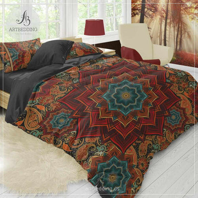 Mandala bedding, Red and orange Mandala duvet cover set, Boho bedding, mandala bedspread-ARTBEDDING
