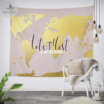 Let`s get lost gold world map wall Tapestry, Boho blush pink wanderlust world map wall hanging, bohemian wall tapestries, boho wall decor Tapestry