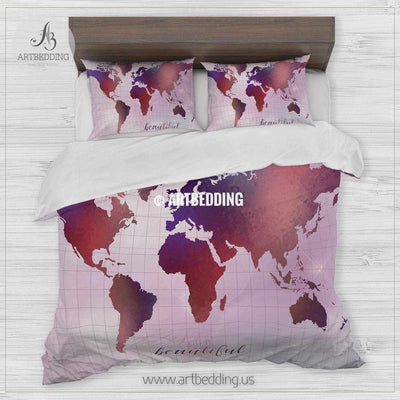 Life is beautiful map bedding, Watercolor map duvet cover set, Modern wanderlust map comforter set Bedding set