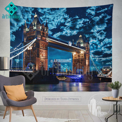 London Tower bridge wall tapestry, Tower bridge at night wall tapestry, London views wall decor, London famous building view wall interior, artbedding cityscape wall decor