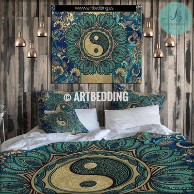 Lotus Mandala bedding, Yin Yang mandala bedding, Bohochic bedding set, mandala duvet cover set, bohemian decor Bedding set
