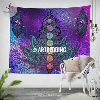 Lotus Rainbow chakra OM wall tapestry, Rainbow chakra Mandala wall hanging, Yoga spiritiual chakra art tapestry, bohemian interior Tapestry