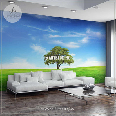 Lush Tree alone in Field with a Beautiful Blue Sky Wall Mural, Self Adhesive Peel & Stick wall mural wall mural