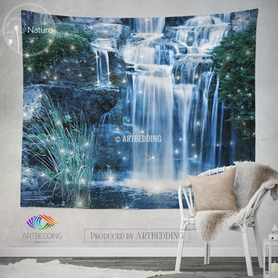 Magical Waterfall wall tapestry, Nature wall decor, Night waterfall wall art print, bedroom livingroom wall tapestries, boho wall hanging, bohemian decor