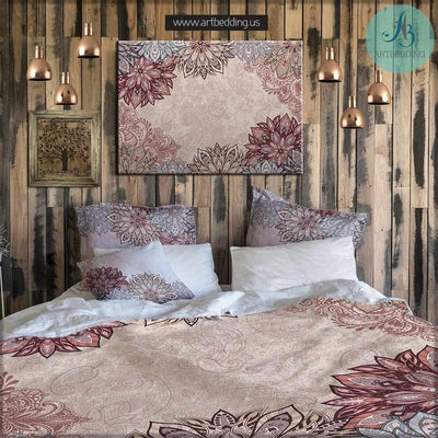 Mandala bedding, Mandala duvet bedding set, Pink and gray boho mandala bedding, Bohemian bedroom, bohemian decor, artbedding Bedding set