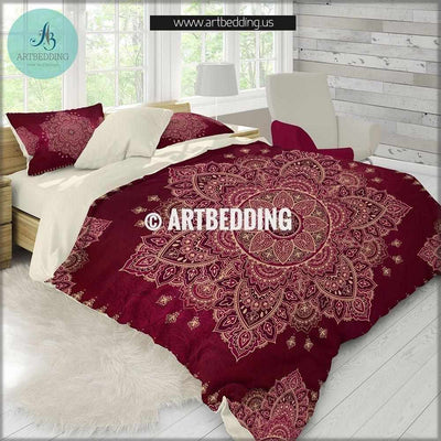 Mandala bedding, Maroon red and gold Mandala duvet cover set, Mehendy mandala quilt cover set, bohemian bedspread Bedding set
