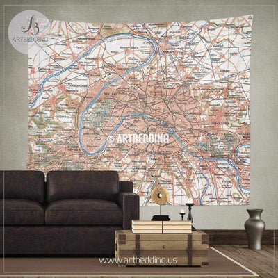Map of Paris and the suburbs wall tapestry, vintage interior map wall hanging, old map wall decor, vintage map wall art print Tapestry
