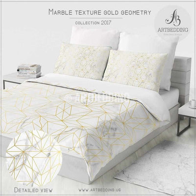 Marble and gold geometry Duvet cover, White natural marble metallic art print duvet cover, Geometry bedding, artbedding duvet cover