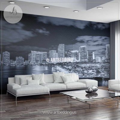 Miami skyline in black and white Wall Mural, Landmarks Photo Mural, photo mural wall décor wall mural