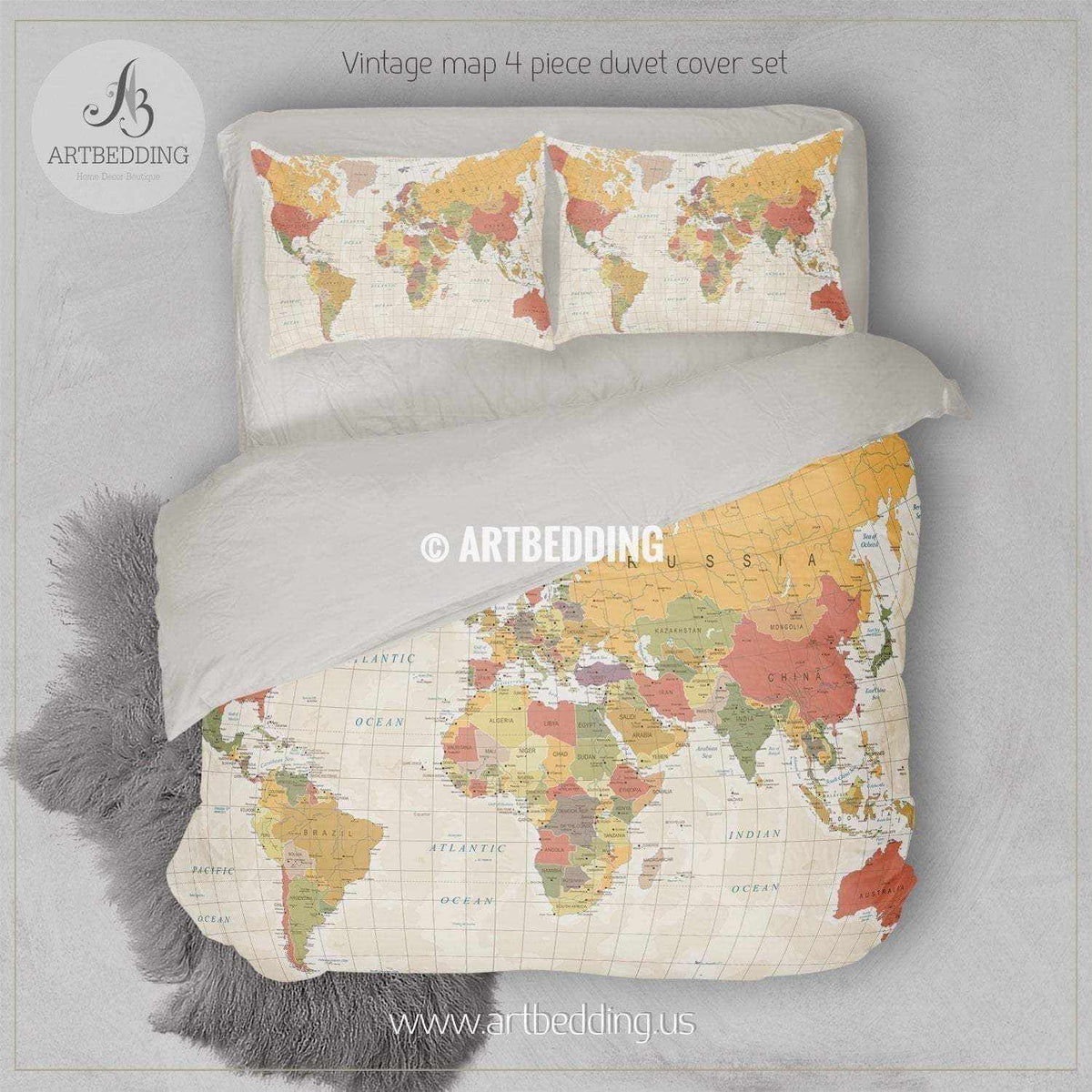 Modern Detailed World Map bedding, Vintage world map duvet cover set ...