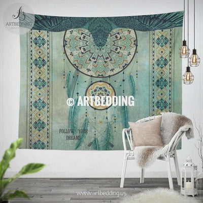 Native American Tribal Dreamcatcher wall tapestry, Boho tribal indian wall hanging, Dreamcatcher wall art print, Native american eagle boho wall tapestries Tapestry