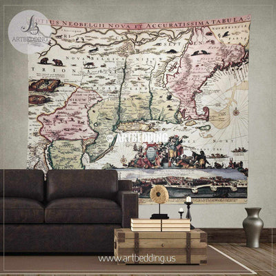 New England old map with New Amsterdam insert view wall tapestry, vintage interior map wall hanging, old map wall decor, vintage map wall art print Tapestry