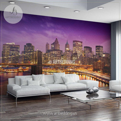 New York City Brooklyn Bridge with Downtown Skyline over East River Cityscape Wall Mural, USA Photo sticker, USA wall decor wall mural