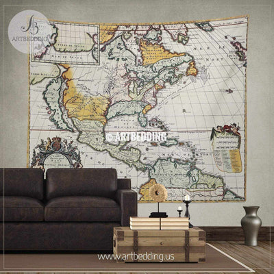 North America 1698 vintage map wall tapestry, vintage interior world map wall hanging, old map wall decor, vintage map wall art print Tapestry