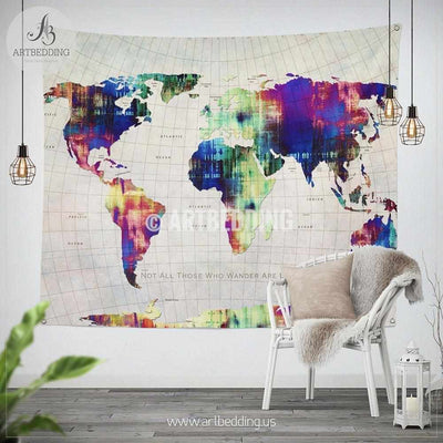 Not all those who wander are lost map wall Tapestry, World map grunge wanderlust wall hanging, Grunge pop art world map wall tapestries, bohemian wall decor Tapestry