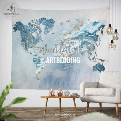 Ocean blue and gold Wanderlust world map wall Tapestry, Boho summer vibes marble  world map wall hanging, bohemian wall tapestries, boho wall decor Tapestry