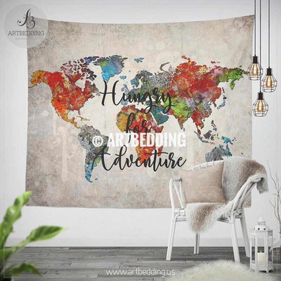Oil painting world map wall Tapestry, Abstract Adventure world map wall hanging, bohemian travel wall tapestries, boho wall decor Tapestry