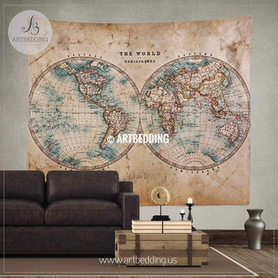 Old 1800 world map wall tapestry, vintage interior world map wall hanging, old map wall decor, vintage map wall art print Tapestry