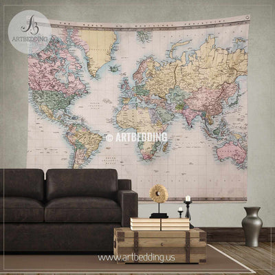 Old hand coloured map of the World wall tapestry, vintage interior map wall hanging, old map wall decor, vintage map wall art print Tapestry
