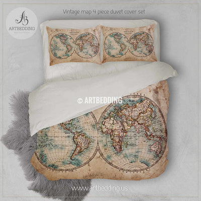Old map bedding, Vintage old stained World map duvet cover set, Antique map queen / king / full Bedding Set, Vintage steampunk map Duvet cover set Bedding set
