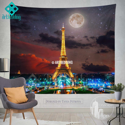 Paris night sky with fool moon wall tapestry, Eifel tower at night with stars wall tapestry, Paris golden lights wall decor, Paris Cityscape interior, artbedding cityscape wall decor