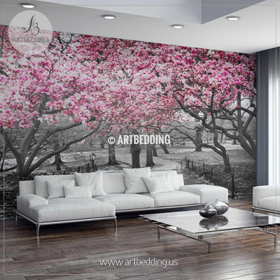Pink Blossoms in Central Park, New York, Black and White Landscape Wall Mural, Self Adhesive Peel & Stick wall mural wall mural