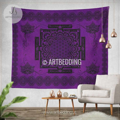 Purple Sacred Yantra WALL Tapestry, Bohemian Wall tapestries, Boho Lotus Mandala Tapestry, Spiritual Flower of life Wall Hanging, artbedding wall art Tapestry