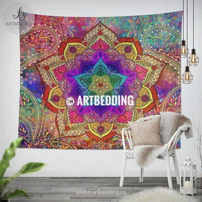Rainbow chakra  Mandala wall tapestry, Rainbow Mandala wall hanging, Yoga chakra ethno Indie art tapestry, bohemian interior Tapestry