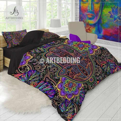 Rainbow hippie bedding, Hamsa hand Mandala bedding, Tropical amulet  hippie mandala comforter set, bohemian bedroom decor Bedding set