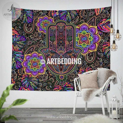 Rainbow hippie wall tapestry, Rainbow neon hamsa hand Mandala wall hanging, hippie mandala art tapestry, bohemian interior Tapestry
