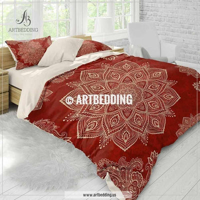 Red Mandala bedding, red and cream beige mandala bedding, Boho mandala comforter set, mandala duvet cover set, bohemian decor Bedding set