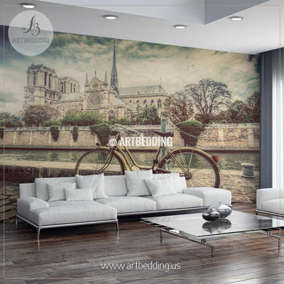 Retro bike next to Notre Dame Cathedral in Paris Wall Mural, Photo Mural, wall décor wall mural