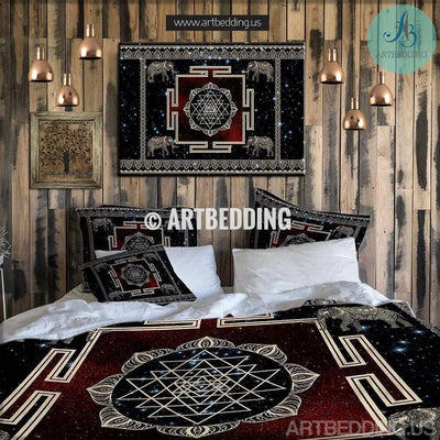 Sacred Yantra duvet cover set, Elephant mandala bedding set, Bohemian duvet bedding, spiritual decor Bedding set