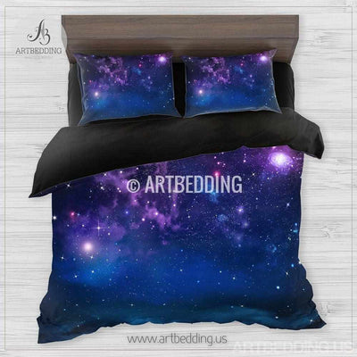 Sky bedding, Night sky Bedding set, Deep blue and purple night sky with stars Duvet cover set, Clouds bedding Bedding set