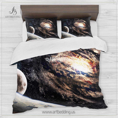 Spiral galaxy bedding set, deep space spiral galaxy formation with Earth and moon in foreground duvet bedding set, Space moon bedroom decor Bedding set